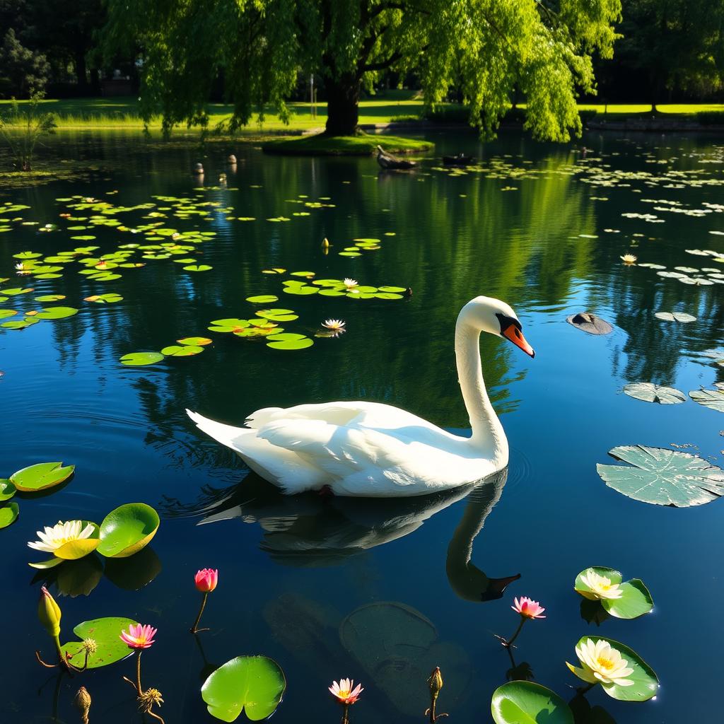 A serene scene of a graceful swan gliding on a peaceful pond, surrounded by vibrant green lily pads and delicate flowers