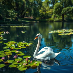 A serene scene of a graceful swan gliding on a peaceful pond, surrounded by vibrant green lily pads and delicate flowers