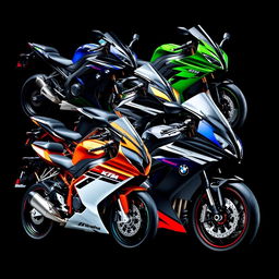 A stunning digital artwork featuring a combined design of the Kawasaki Ninja ZX-10R, Z900, KTM RC 390, and BMW S1000RR motorbikes