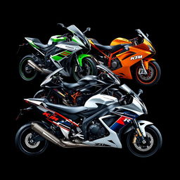 A stunning digital artwork featuring a combined design of the Kawasaki Ninja ZX-10R, Z900, KTM RC 390, and BMW S1000RR motorbikes