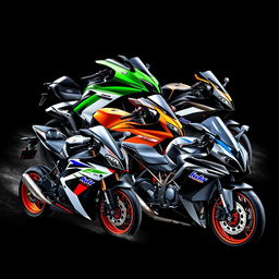 A stunning digital artwork featuring a combined design of the Kawasaki Ninja ZX-10R, Z900, KTM RC 390, and BMW S1000RR motorbikes