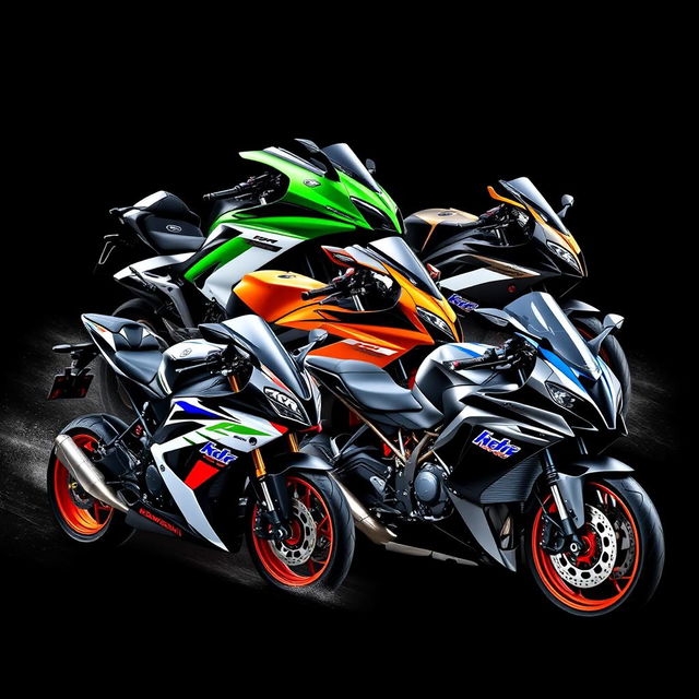 A stunning digital artwork featuring a combined design of the Kawasaki Ninja ZX-10R, Z900, KTM RC 390, and BMW S1000RR motorbikes