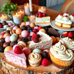 A beautifully presented dessert platter overflowing with a variety of colorful, mouth-watering sweets, including rich chocolate truffles, delicate macarons in pastel shades, a slice of creamy cheesecake topped with fresh berries, and artisanal gourmet cupcakes with intricate frosting designs