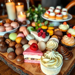A beautifully presented dessert platter overflowing with a variety of colorful, mouth-watering sweets, including rich chocolate truffles, delicate macarons in pastel shades, a slice of creamy cheesecake topped with fresh berries, and artisanal gourmet cupcakes with intricate frosting designs
