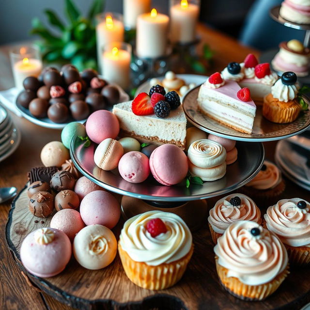 A beautifully presented dessert platter overflowing with a variety of colorful, mouth-watering sweets, including rich chocolate truffles, delicate macarons in pastel shades, a slice of creamy cheesecake topped with fresh berries, and artisanal gourmet cupcakes with intricate frosting designs