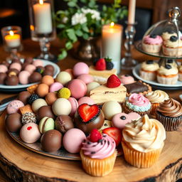 A beautifully presented dessert platter overflowing with a variety of colorful, mouth-watering sweets, including rich chocolate truffles, delicate macarons in pastel shades, a slice of creamy cheesecake topped with fresh berries, and artisanal gourmet cupcakes with intricate frosting designs