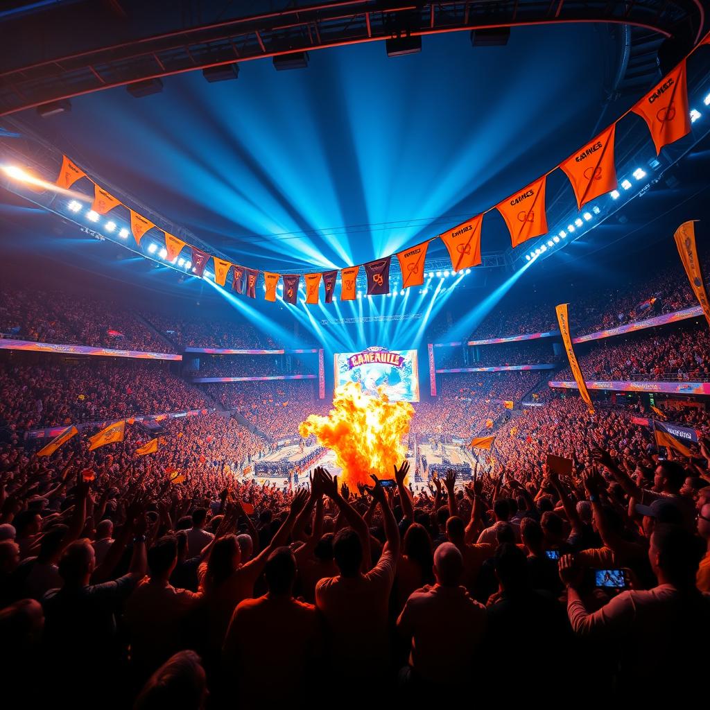 A vibrant and exciting cover image for a Facebook page themed around an arena breakout