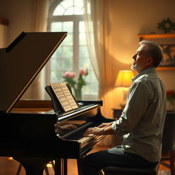 A warm, inviting room featuring a grand piano, where a person is passionately playing a beautiful melody