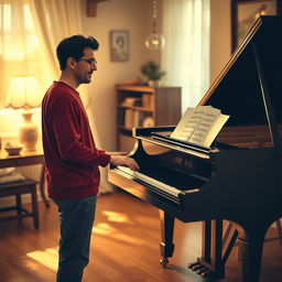 A warm, inviting room featuring a grand piano, where a person is passionately playing a beautiful melody