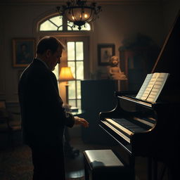 A warm, inviting room featuring a grand piano, where a person is passionately playing a beautiful melody