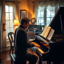 A warm, inviting room featuring a grand piano, where a person is passionately playing a beautiful melody