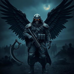 A striking and dramatic depiction of an Angel of Death dressed in a modern soldier's uniform, combining ethereal elements with combat readiness