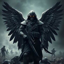 A striking and dramatic depiction of an Angel of Death dressed in a modern soldier's uniform, combining ethereal elements with combat readiness