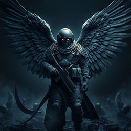 A striking and dramatic depiction of an Angel of Death dressed in a modern soldier's uniform, combining ethereal elements with combat readiness