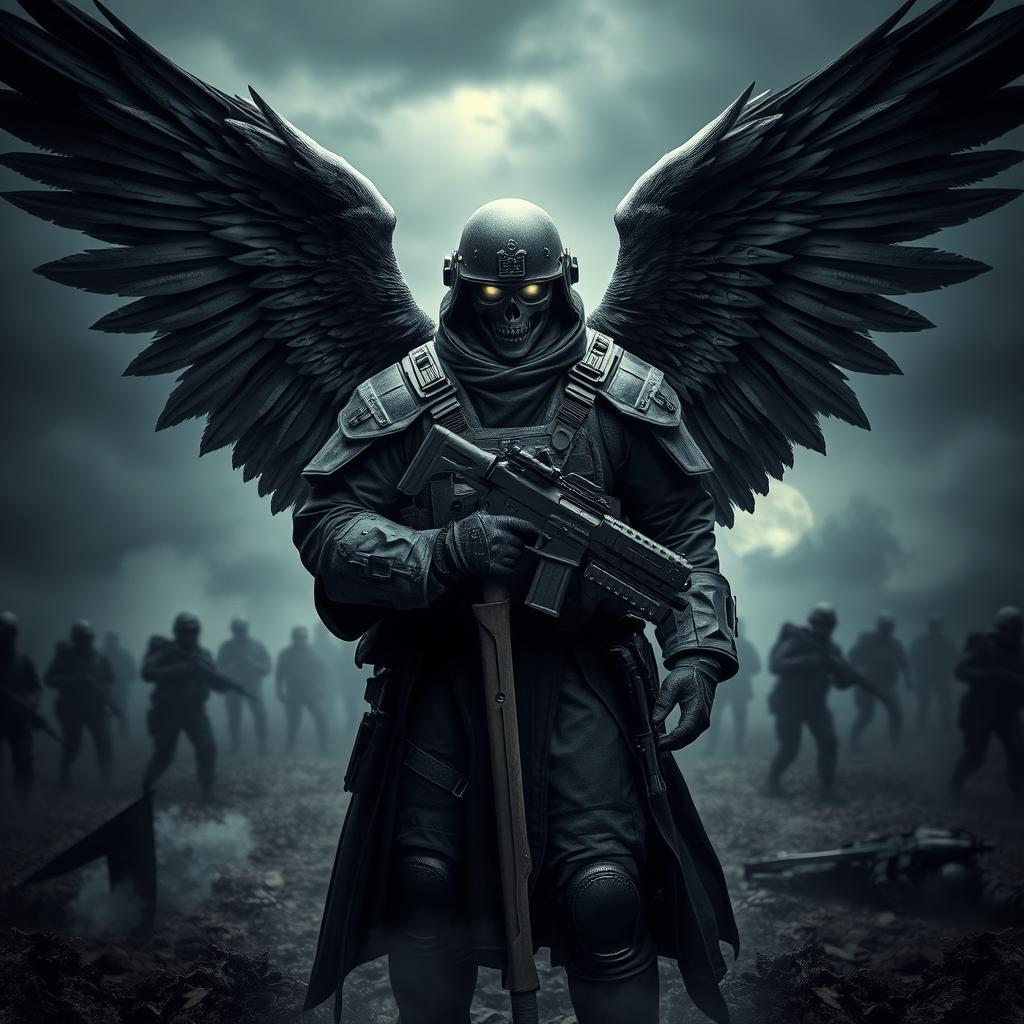 A striking and dramatic depiction of an Angel of Death dressed in a modern soldier's uniform, combining ethereal elements with combat readiness