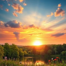 An enhanced, vibrantly colorful landscape with a majestic sunset casting warm hues across the sky