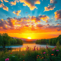 An enhanced, vibrantly colorful landscape with a majestic sunset casting warm hues across the sky