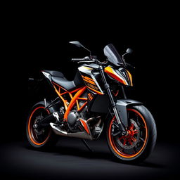 A striking image of a KTM RC 390 motorcycle showcased against a sleek black background, emphasizing its aerodynamic design and vibrant orange accents