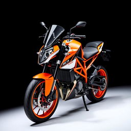 A striking image of a KTM RC 390 motorcycle showcased against a sleek black background, emphasizing its aerodynamic design and vibrant orange accents