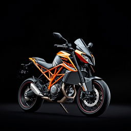 A striking image of a KTM RC 390 motorcycle showcased against a sleek black background, emphasizing its aerodynamic design and vibrant orange accents