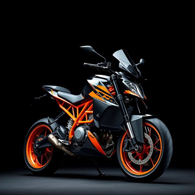 A striking image of a KTM RC 390 motorcycle showcased against a sleek black background, emphasizing its aerodynamic design and vibrant orange accents