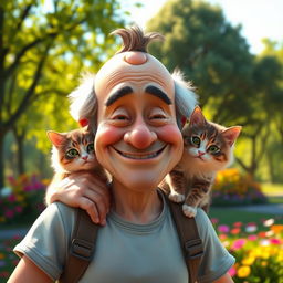 An imaginative and whimsical scene featuring a character with a playful expression, gently petting a fluffy cat sitting on their shoulder
