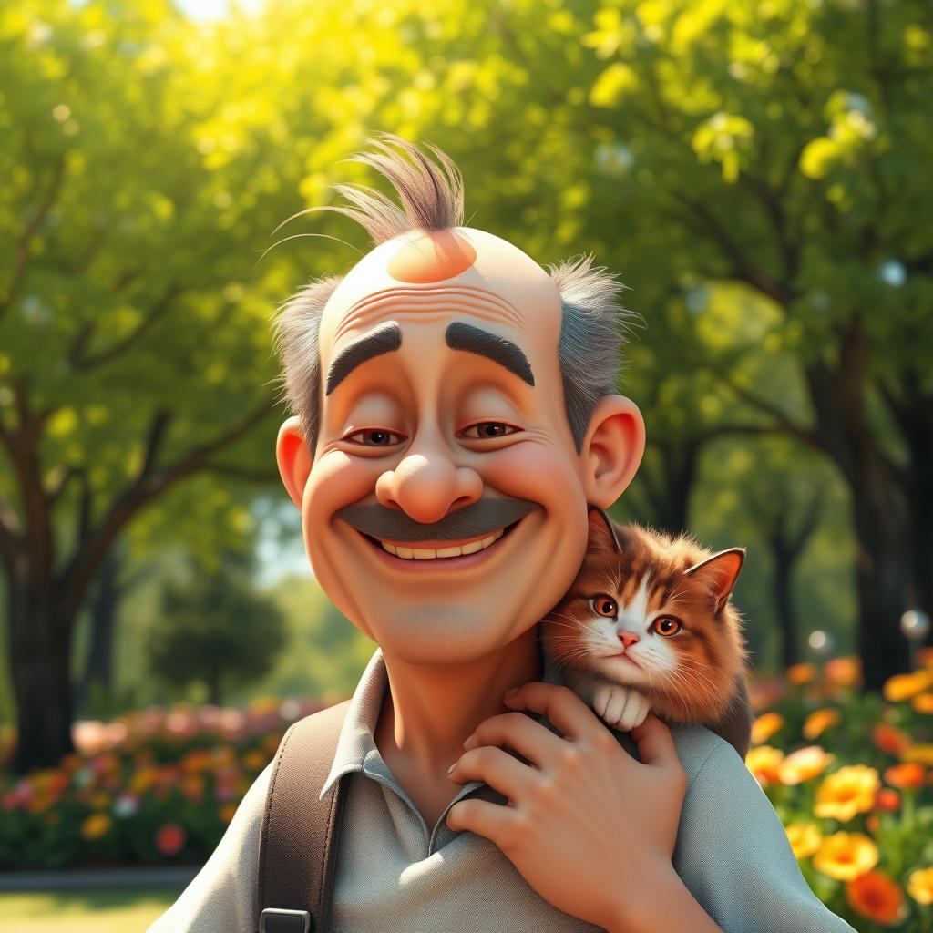 An imaginative and whimsical scene featuring a character with a playful expression, gently petting a fluffy cat sitting on their shoulder