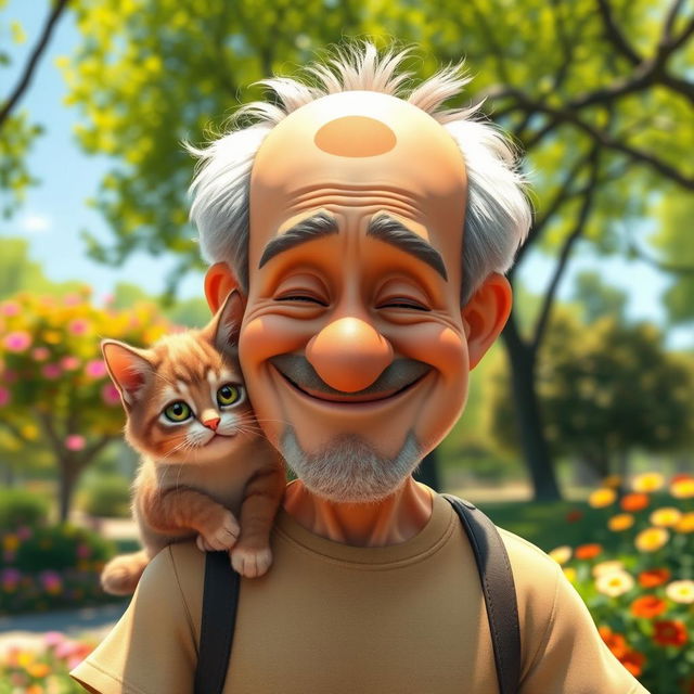 An imaginative and whimsical scene featuring a character with a playful expression, gently petting a fluffy cat sitting on their shoulder