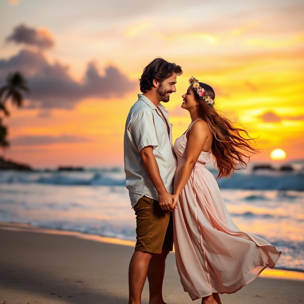 A romantic couple standing on a scenic beach at sunset, holding hands and gazing into each other's eyes