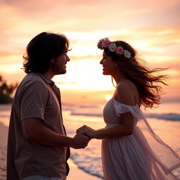 A romantic couple standing on a scenic beach at sunset, holding hands and gazing into each other's eyes