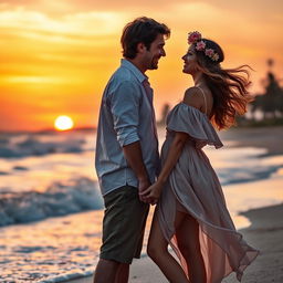 A romantic couple standing on a scenic beach at sunset, holding hands and gazing into each other's eyes