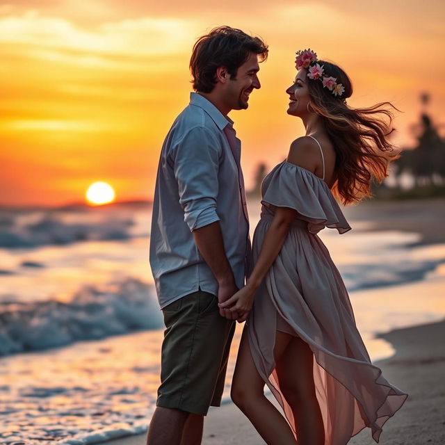 A romantic couple standing on a scenic beach at sunset, holding hands and gazing into each other's eyes