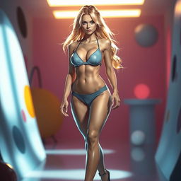 A striking blonde shemale with a fit body confidently walking in a bold, artistic setting