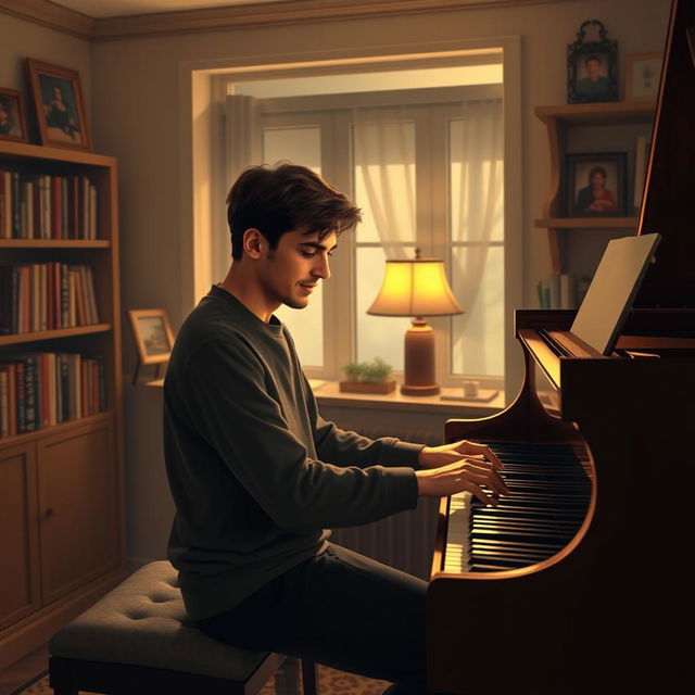 A cozy room featuring two individuals, one playing a grand piano passionately, while the other, a young man, stands beside it, listening intently