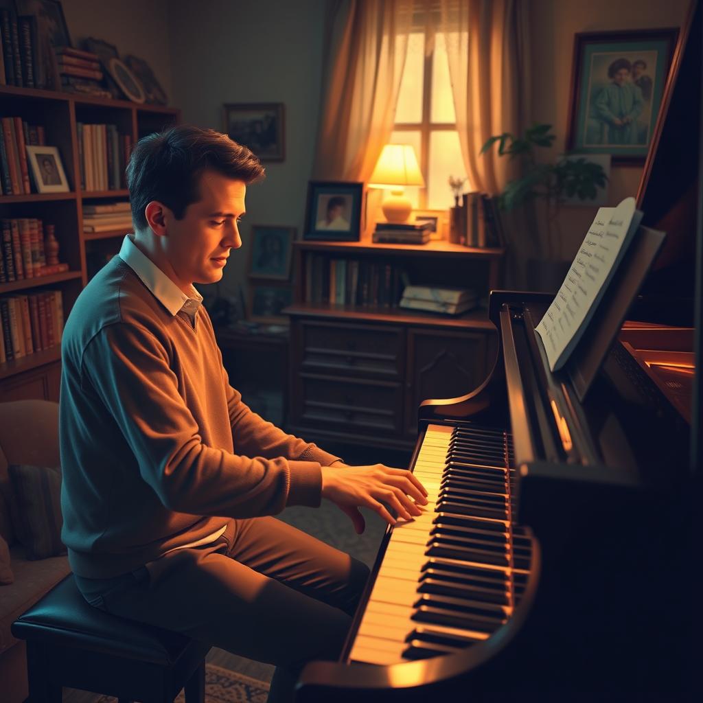 A cozy room featuring two individuals, one playing a grand piano passionately, while the other, a young man, stands beside it, listening intently