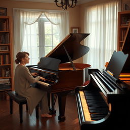 A cozy room featuring two individuals, one playing a grand piano passionately, while the other, a young man, stands beside it, listening intently
