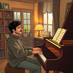 A cozy room featuring two individuals, one playing a grand piano passionately, while the other, a young man, stands beside it, listening intently
