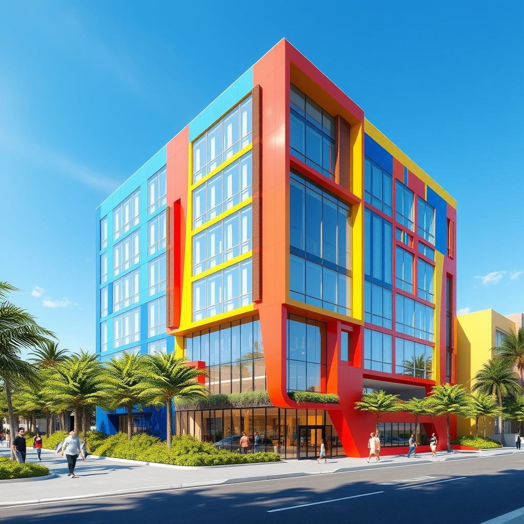 A stunning 3D building design showcasing a colorful facade with vibrant hues like electric blue, sunny yellow, and bright red, featuring large glass windows that reflect sunlight, lush green landscaping around the base, and a clear blue sky in the background