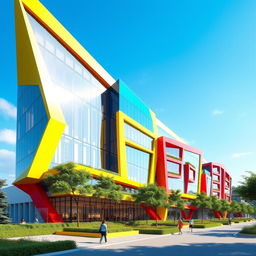 A stunning 3D building design showcasing a colorful facade with vibrant hues like electric blue, sunny yellow, and bright red, featuring large glass windows that reflect sunlight, lush green landscaping around the base, and a clear blue sky in the background