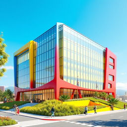 A stunning 3D building design showcasing a colorful facade with vibrant hues like electric blue, sunny yellow, and bright red, featuring large glass windows that reflect sunlight, lush green landscaping around the base, and a clear blue sky in the background