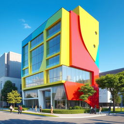 A stunning 3D building design showcasing a colorful facade with vibrant hues like electric blue, sunny yellow, and bright red, featuring large glass windows that reflect sunlight, lush green landscaping around the base, and a clear blue sky in the background