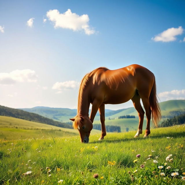 A serene scene of a majestic horse grazing peacefully in a lush green meadow