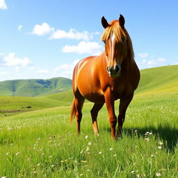 A serene scene of a majestic horse grazing peacefully in a lush green meadow