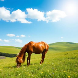 A serene scene of a majestic horse grazing peacefully in a lush green meadow