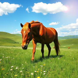 A serene scene of a majestic horse grazing peacefully in a lush green meadow