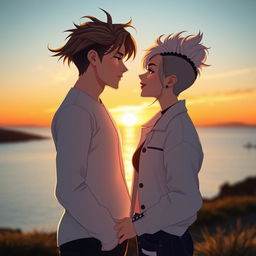 A romantic scene depicting two characters from the provided images merged into a stunning couple