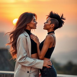 A romantic scene depicting two characters from the provided images merged into a stunning couple