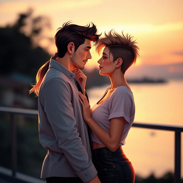 A romantic scene depicting two characters from the provided images merged into a stunning couple