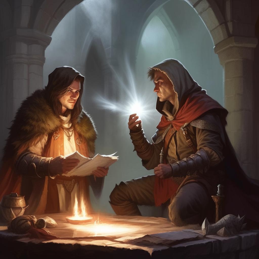 A Dungeons & Dragons game setup where the scene includes a cleric and a rogue, both ready to embark on their quest. The cleric radiates holy energy, while the rogue lurks in the shadows, nimble and quick.