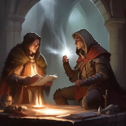 A Dungeons & Dragons game setup where the scene includes a cleric and a rogue, both ready to embark on their quest. The cleric radiates holy energy, while the rogue lurks in the shadows, nimble and quick.